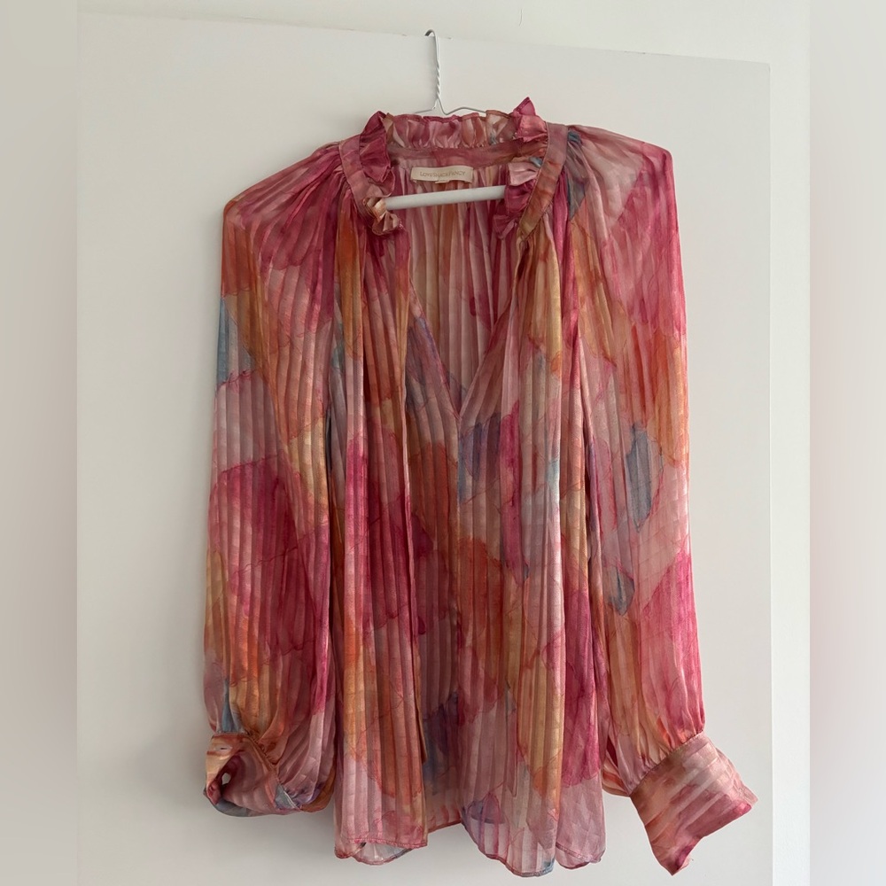 LoveShackFancy Pink and Blue Sheer Blouse